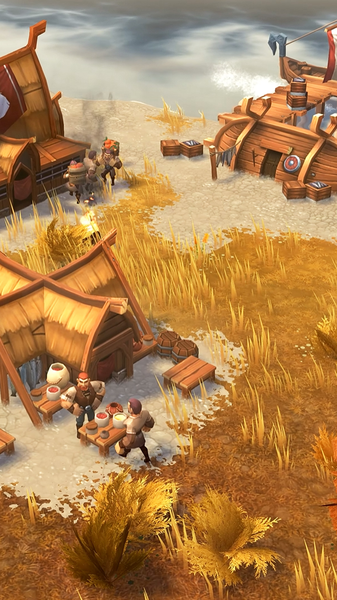 A viking colony piecing together a new place to live on a foggy beach