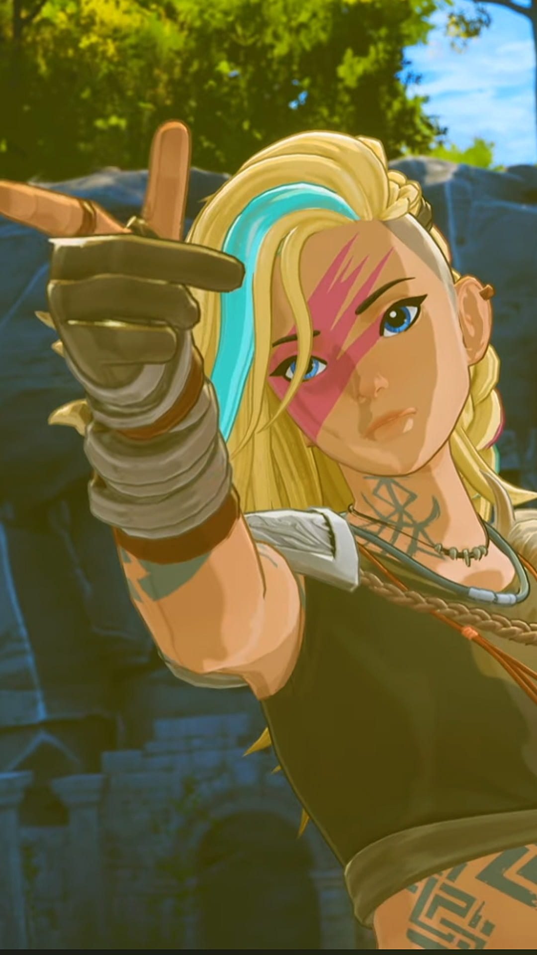 A blonde young woman with a pink tattoo on her face pointing off camera from Cloudheim