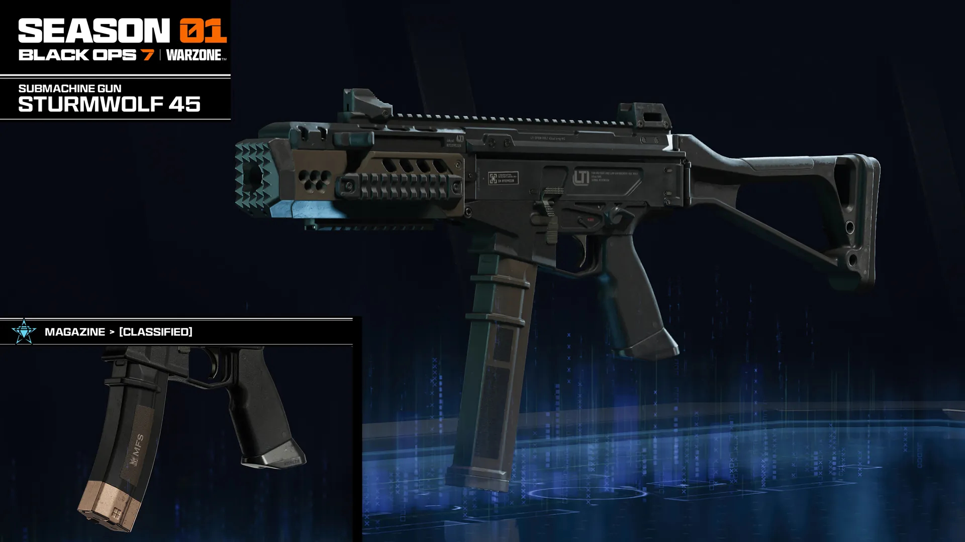 Black Ops 7 Season 1: The Sturmwolf SMG against a dark blue background, and a box in the bottom left highlighting it's unique attachment.