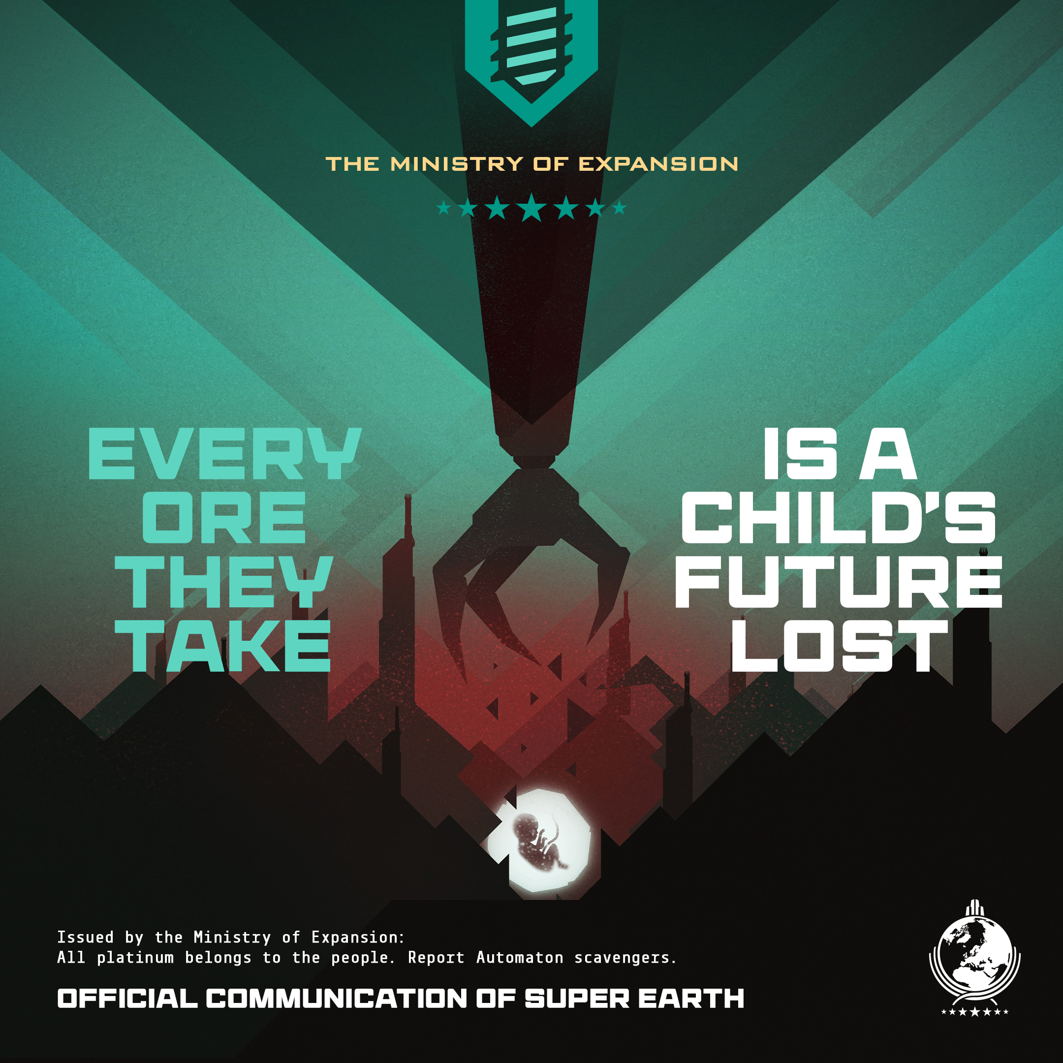 A picture of an automaton claw coming to mine an unborn fetus in a strange propaganda poster in Helldivers 2.