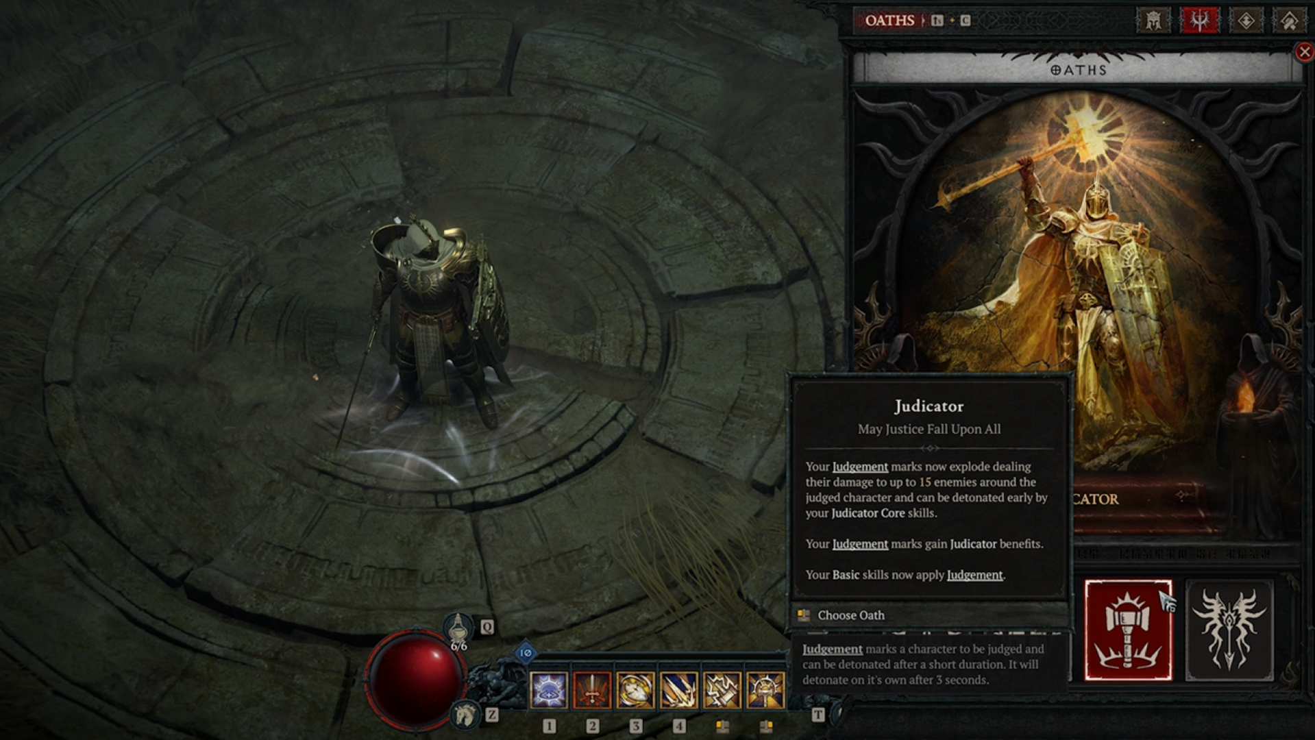 A promotional screenshot of the paladin class in Diablo 4: Lord of Hatred. A window with the judicator paladin oath and its description.