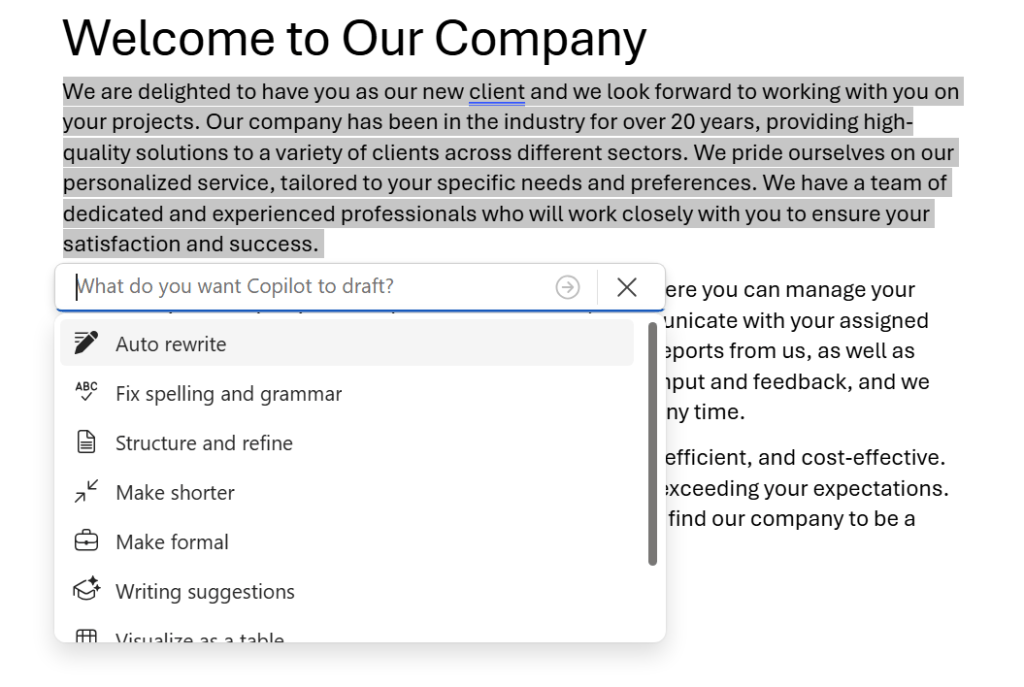 word doc with selected text and copilot toolbar dropdown with auto rewrite selected