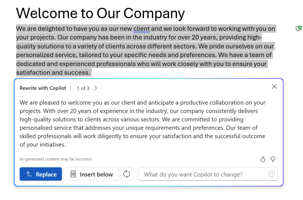 rewrite with copilot panel in word doc over selected text