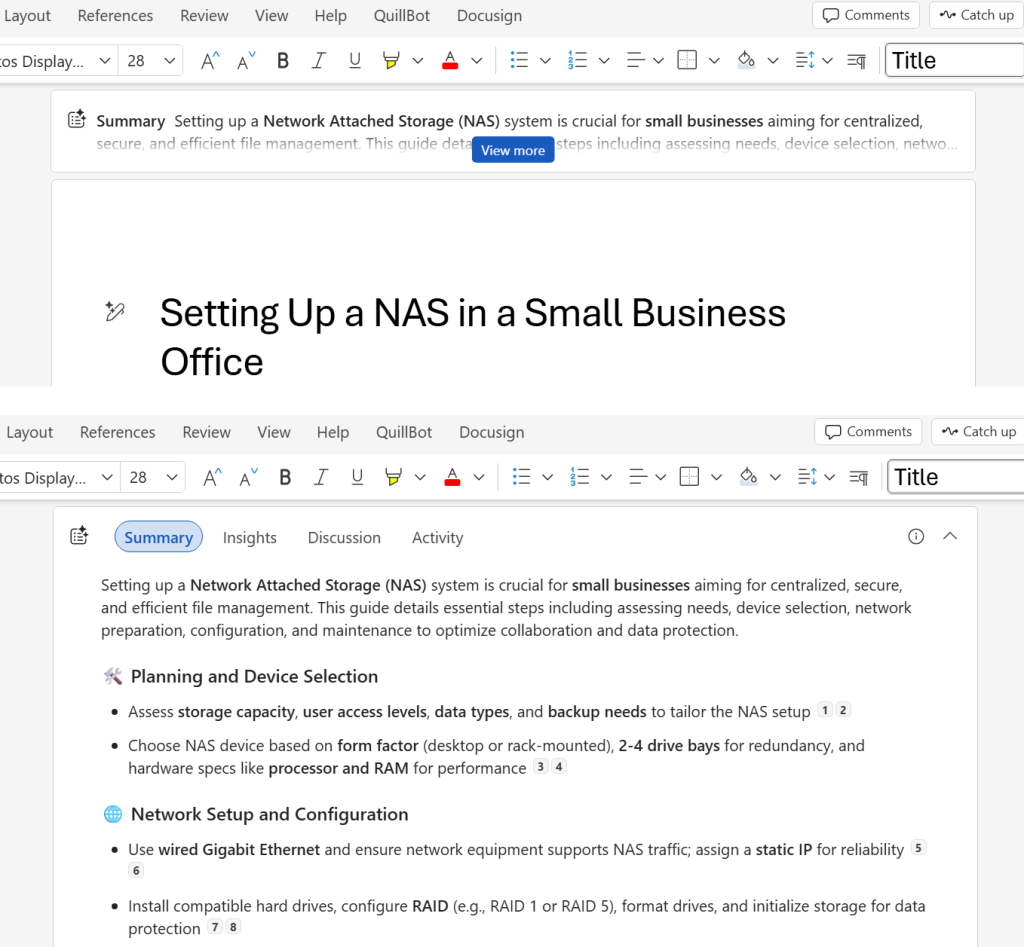 word doc with compressed summary panel on top and expanded summary below