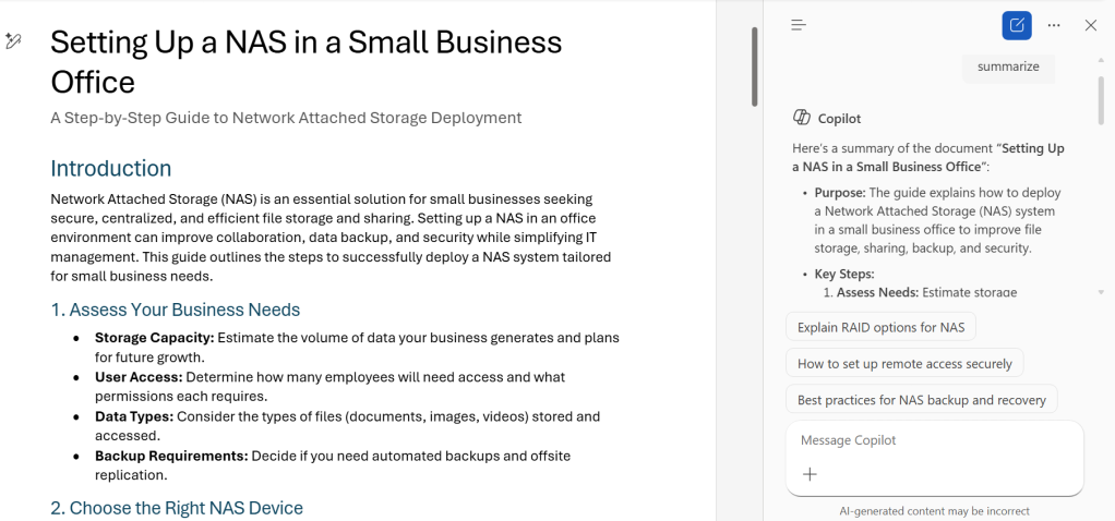 in word - copilot sidebar with generated summary of document