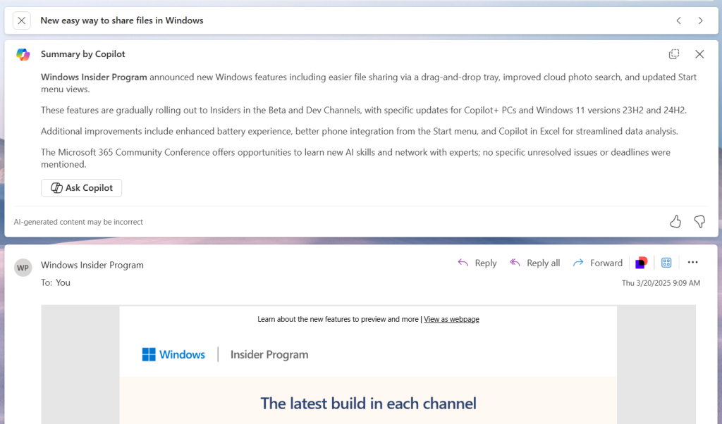 a summary of a single email generated by copilot appears above the email in outlook