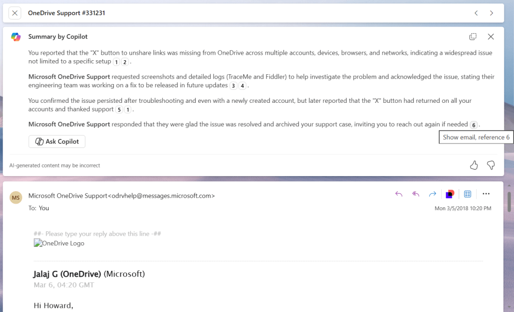 a summary of an email thread in outlook - with numbered citations that link to the source emails