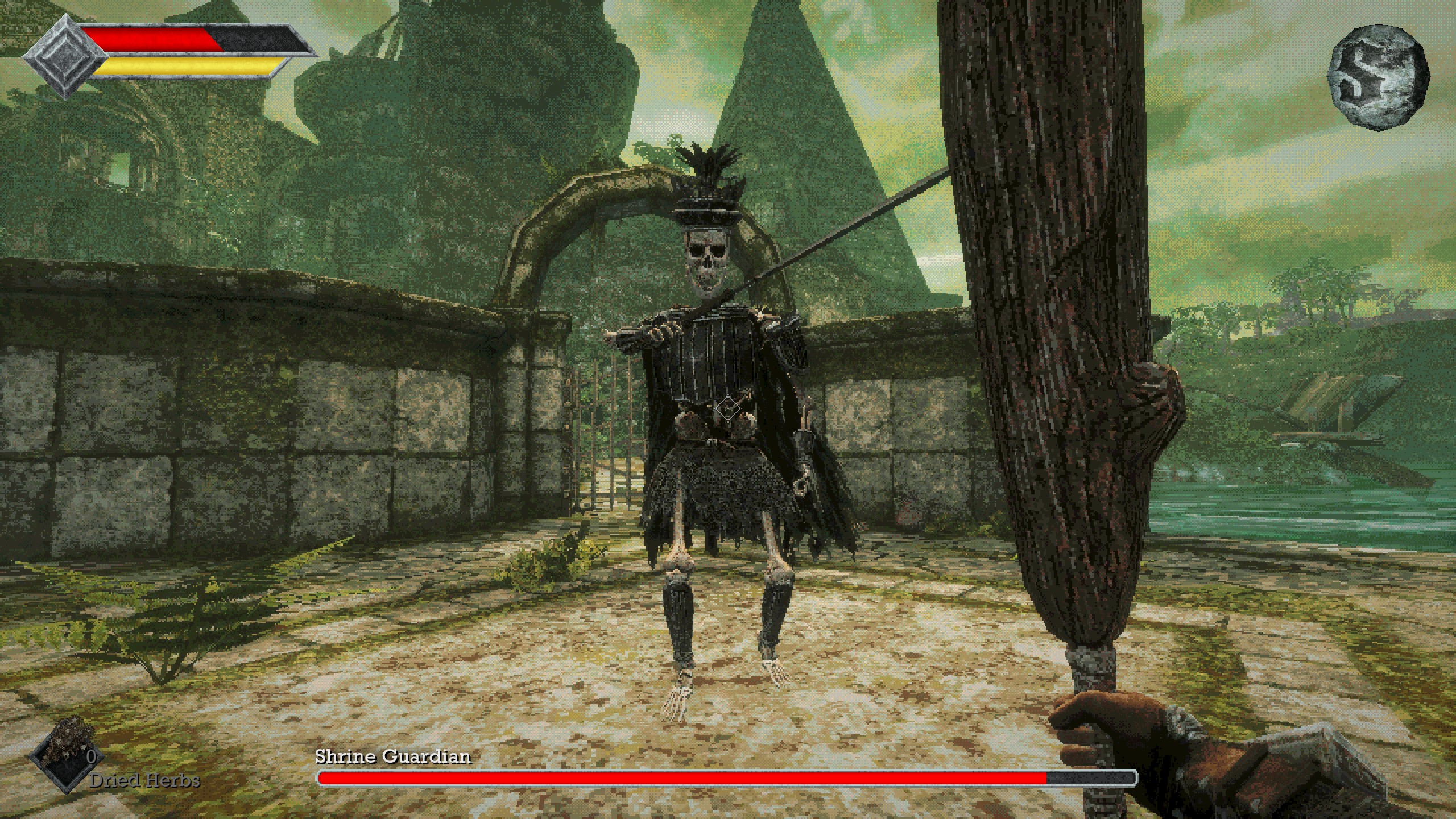 squaring off with boss fight Skeleton in Queen's Domain while holding big club