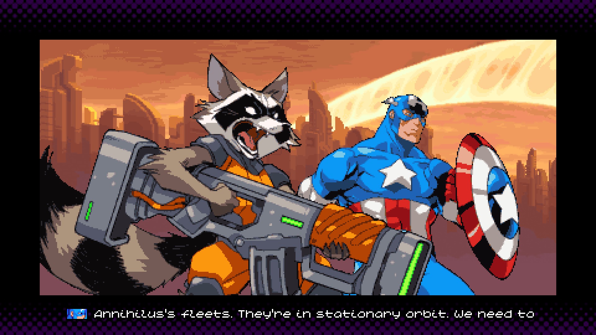 Rocket Raccoon and Captain America in Marvel Cosmic Invasion.