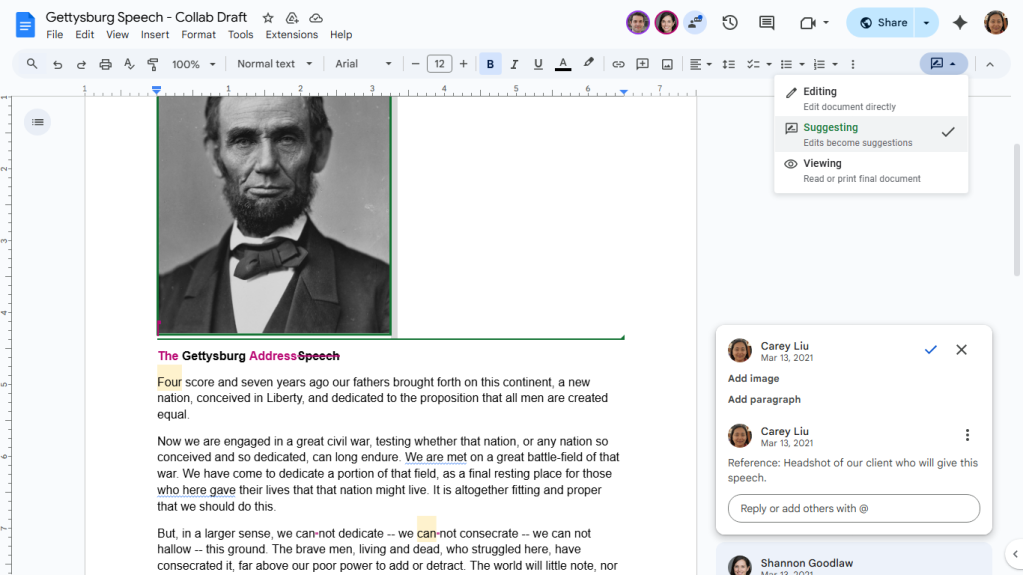 screenshot of google docs with suggesting mode enabled