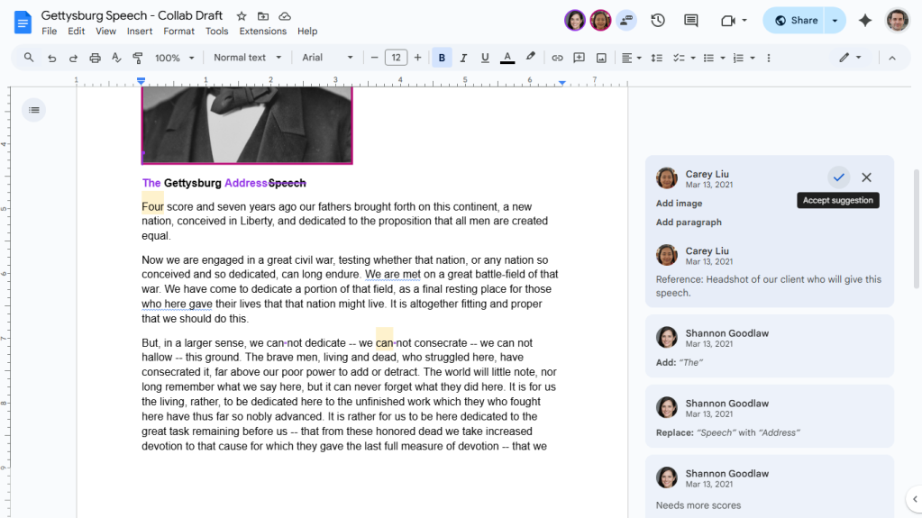 screenshot of suggestion cards next to document in google docs