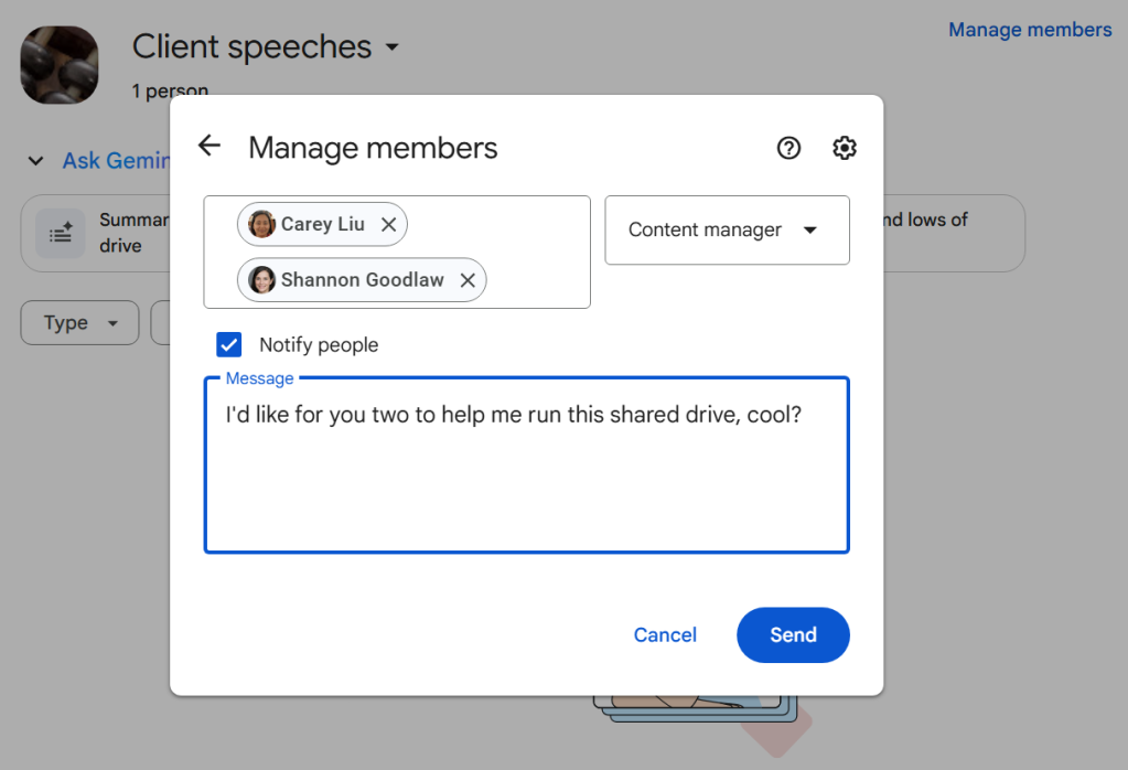 screenshot of manage members screen for a shared drive in google drive