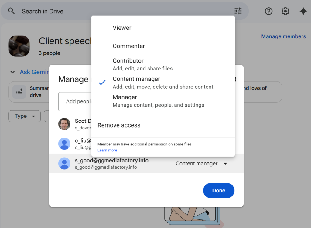 screenshot of permissions menu pop-up for a shared drive in google drive