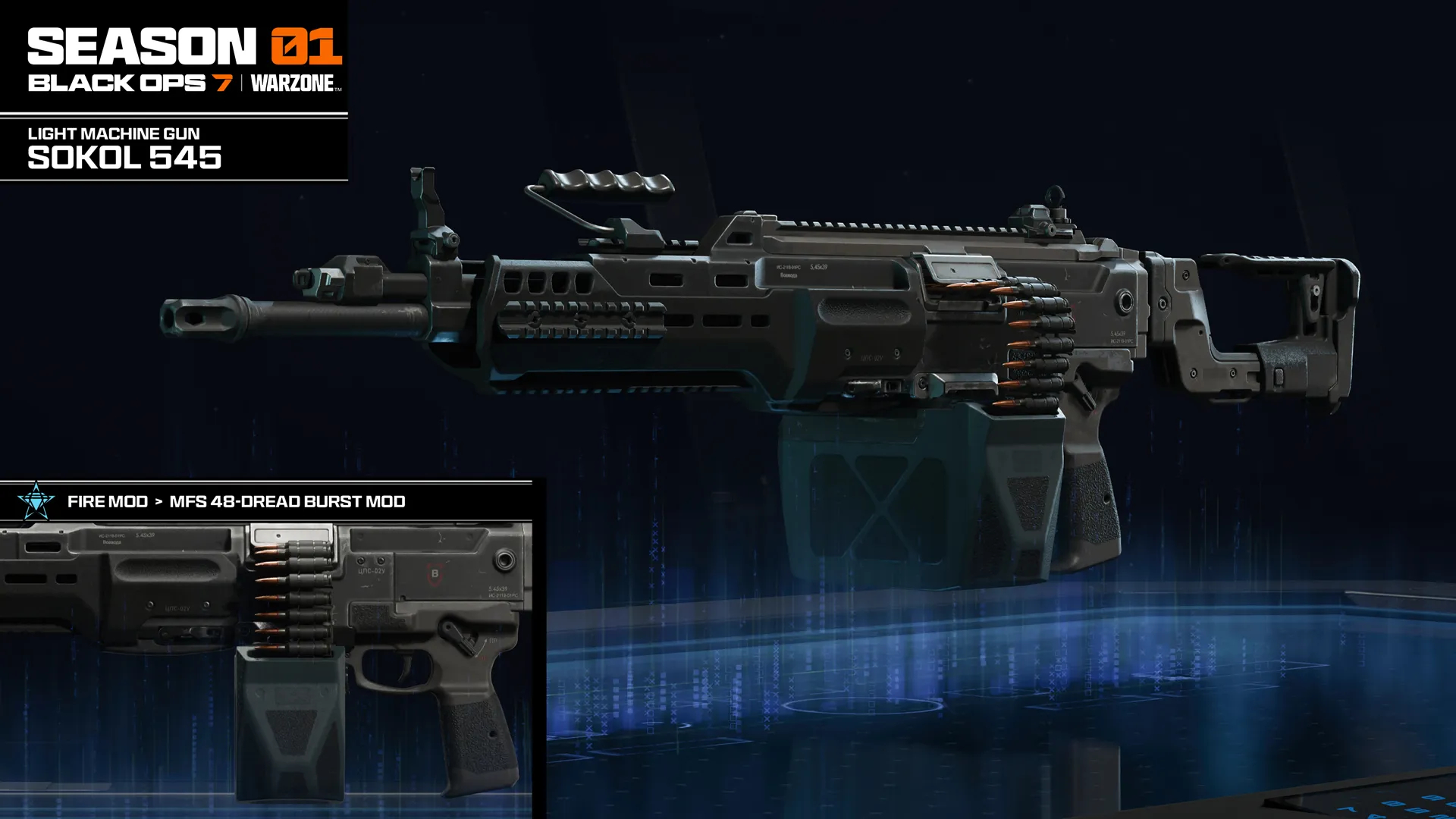 Black Ops 7 Season 1: The Sokol 545 LMG against a dark blue background, and a box in the bottom left highlighting it's unique attachment.