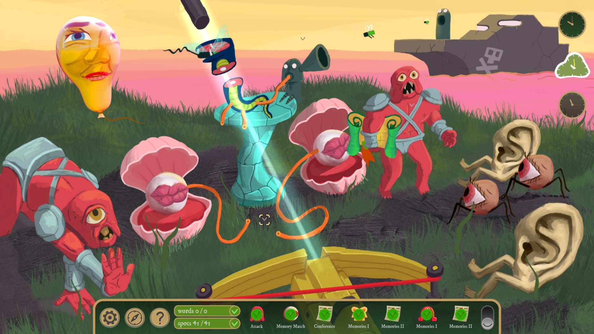 A surreal landscape with strange creatures in The Rise of the Golden Idol.