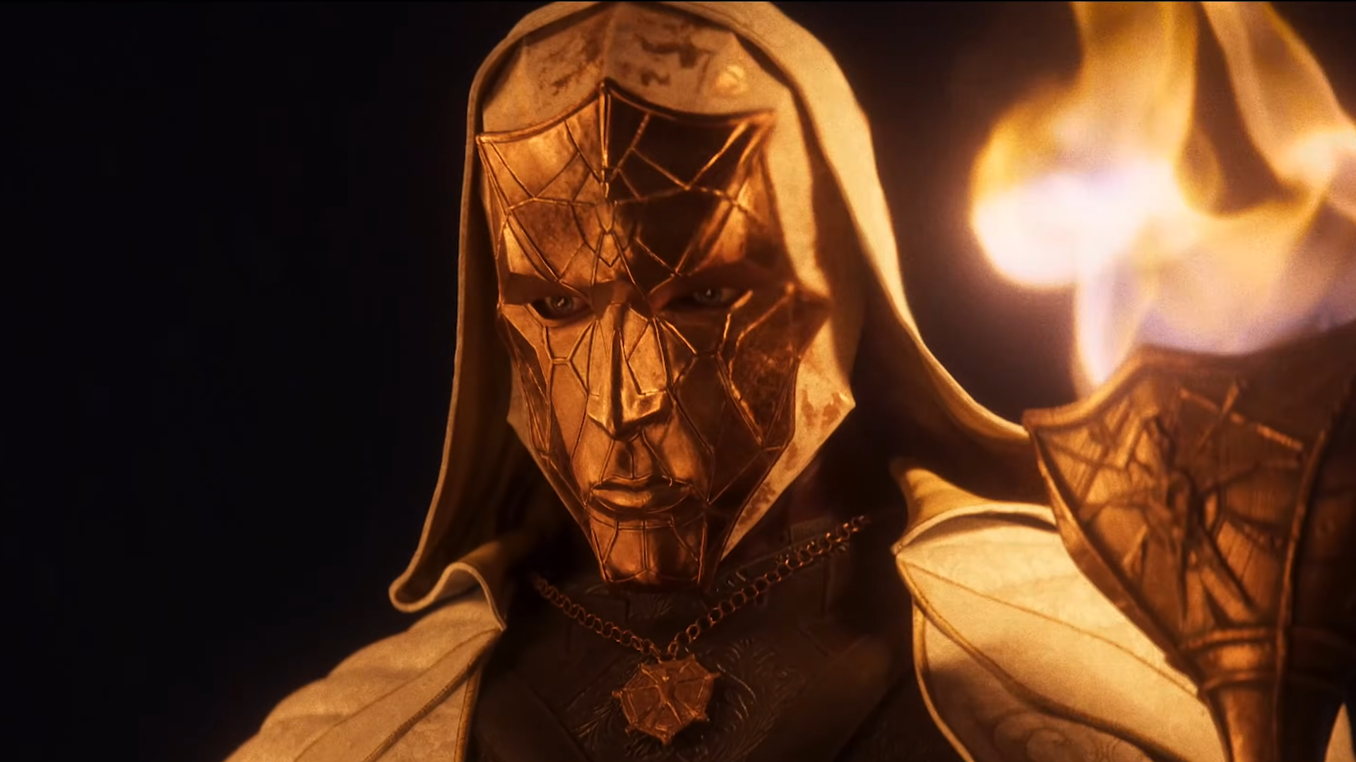 Gold masked figure with torch from Larian's Divinity trailer