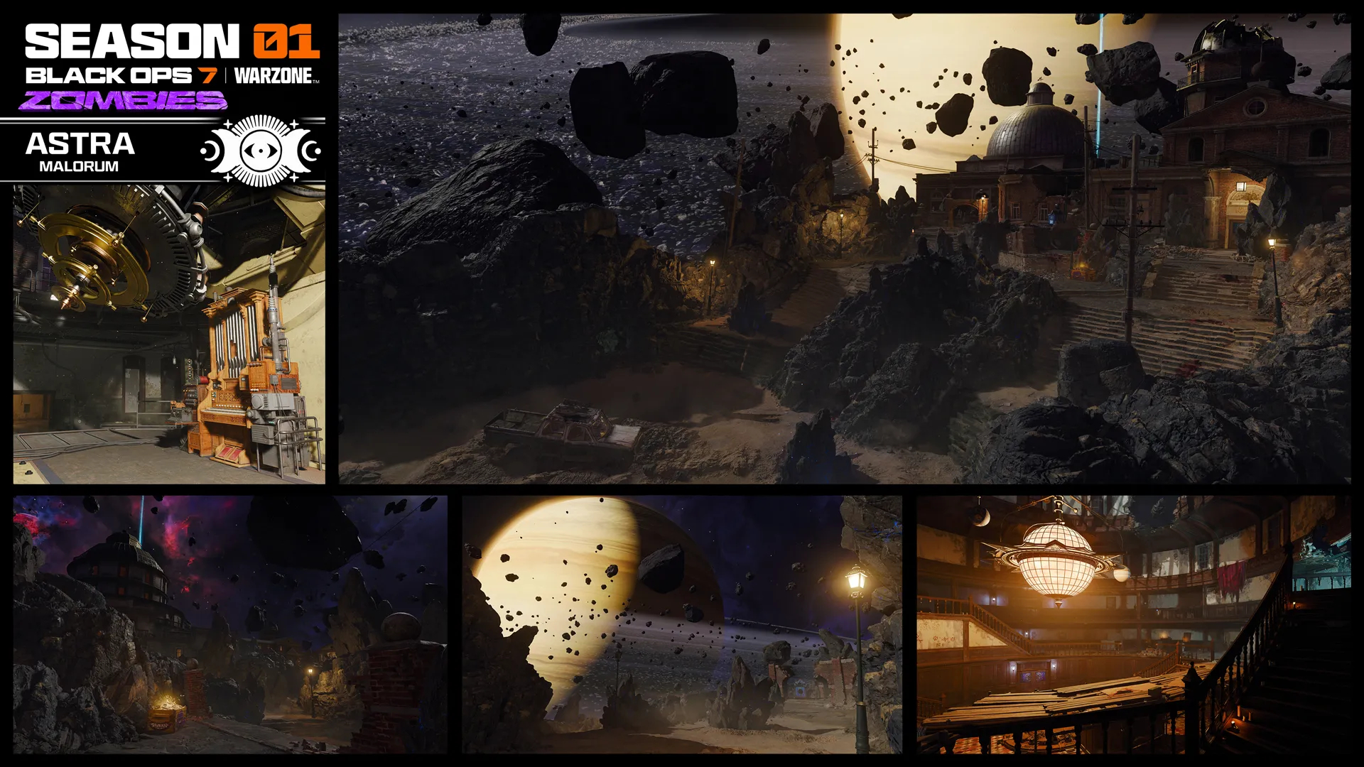 Black Ops 7 Season 1: An overview gallery image of the Astra Malorum map, showing different angles and locations.