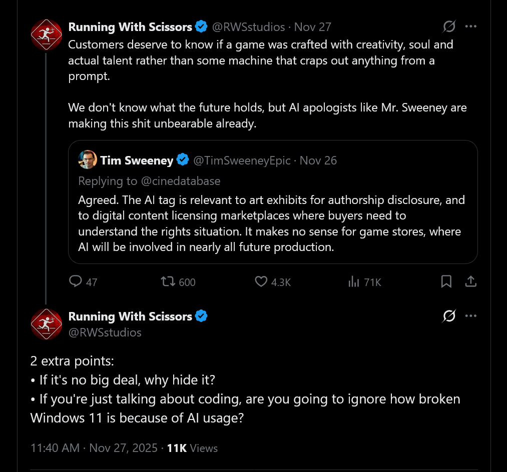 After revealing POSTAL: Bullet Paradise, a title Running With Scissors was planning on publishing but not developing, we've been overwhelmed with negative responses from our concerned POSTAL Community. The strong feedback from them is that elements of the game are very likely AI-generated and thus has caused extreme damage to our brand and our company reputation. We’ve always been, and will always be, transparent with our community. Our trust in the development team is broken, therefore we've killed the project. We have a lot of good things coming (some you know and some you don’t).Since forming Running With Scissors in 1996, we’ve always said that our fans are part of the team. Our priority is to always do right by the millions who support the POSTAL franchise. We are grateful for the opportunity to make the games we want to play, and will continue to focus on our new projects and updates coming in 2026 and beyond. We can’t wait to share more!