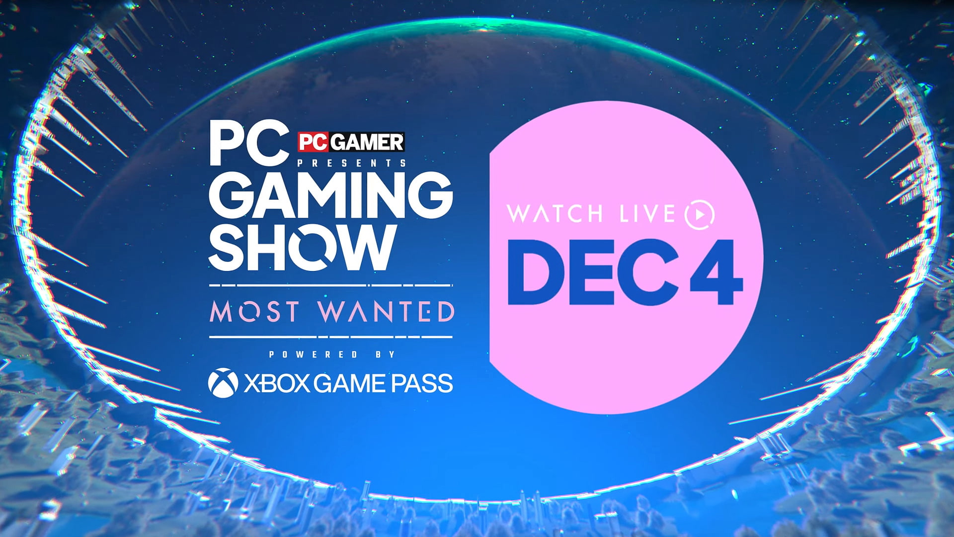 The PC Gaming Show Most Wanted 2025 logo from its YouTube channel, featuring the date highlighted on December 4 and the "powered by Xbox Game Pass" logo at the bottom