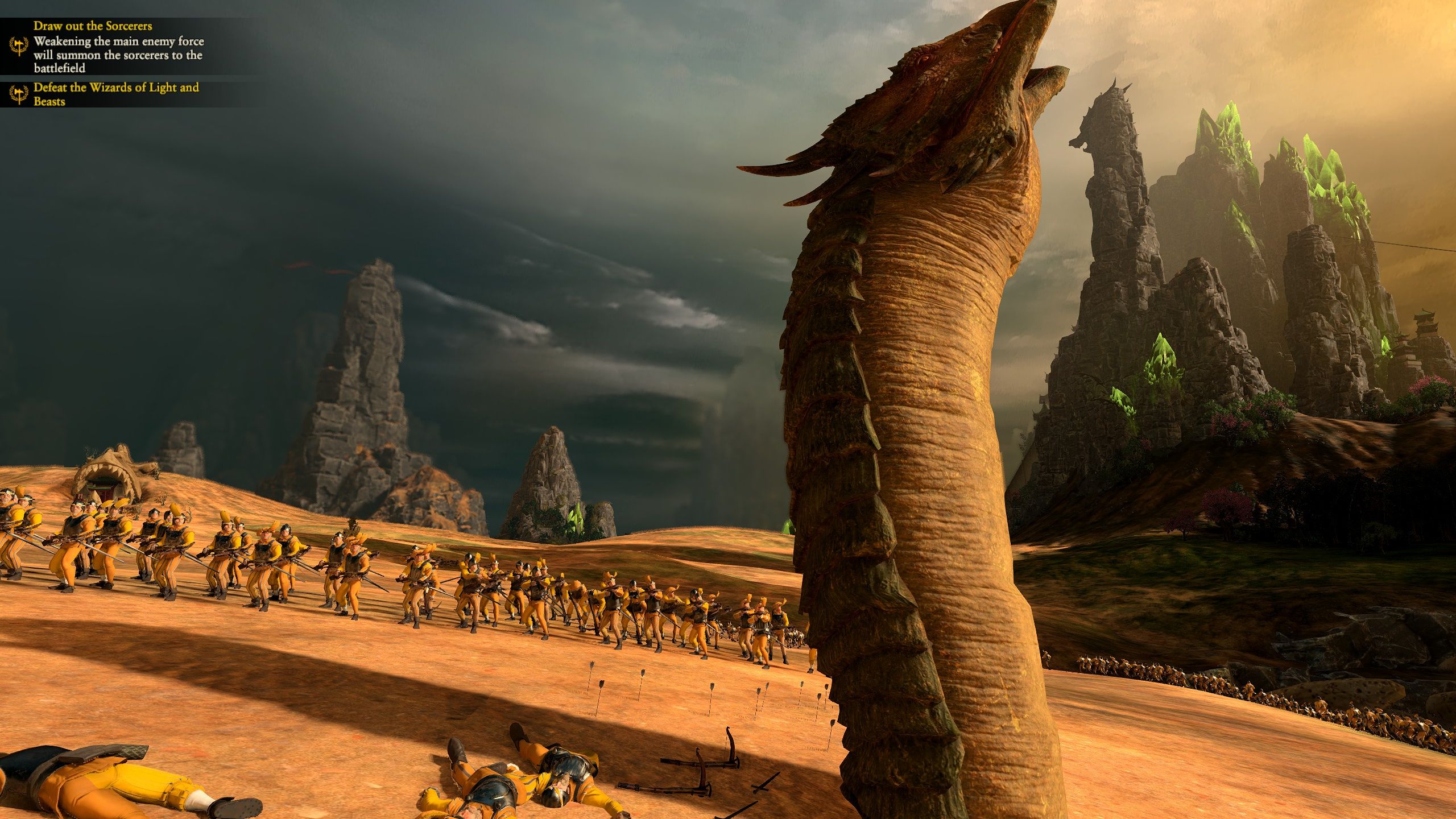 A dread maw, which is basically a sandworm, bursts through the ground to menace some crossbowmen