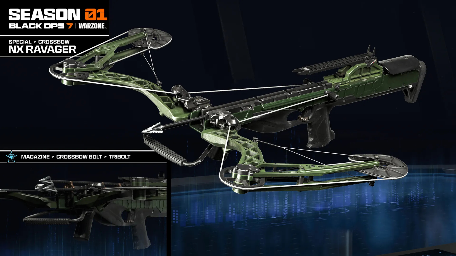 Black Ops 7 Season 1: The NX Ravager crossbow against a dark blue background, and a box in the bottom left highlighting it's unique attachment.
