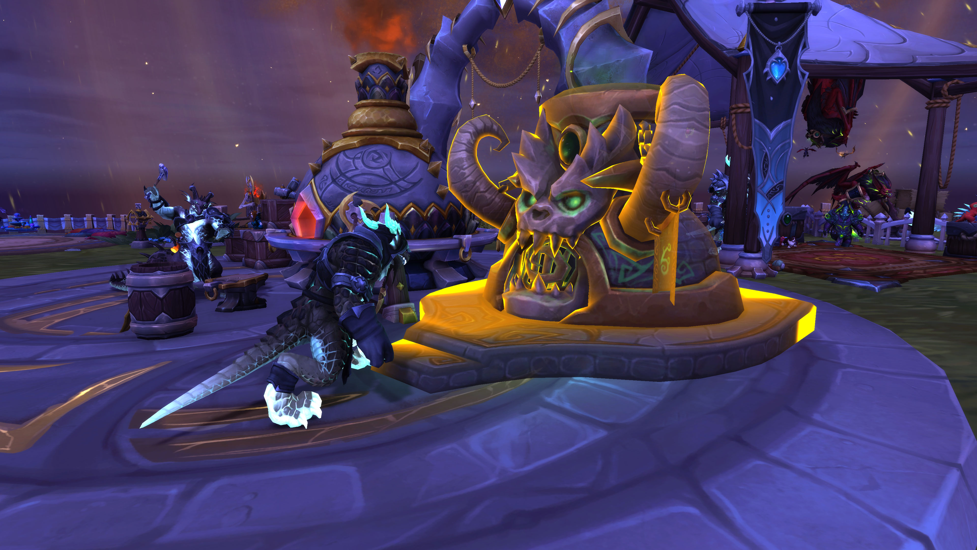 A promotional screenshot of World of Warcraft: Legion Remix. A dragon-like character stands before a forge that looks like the skull of a horned demon with green eyes and sharp teeth.