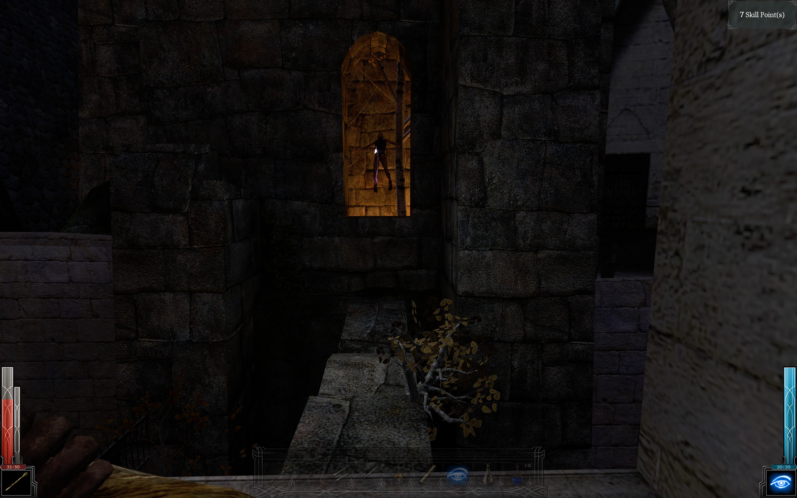 A ghoul with a glowing crystal leaps through a window while the UI nags you about those seven skill points you haven't spent yet