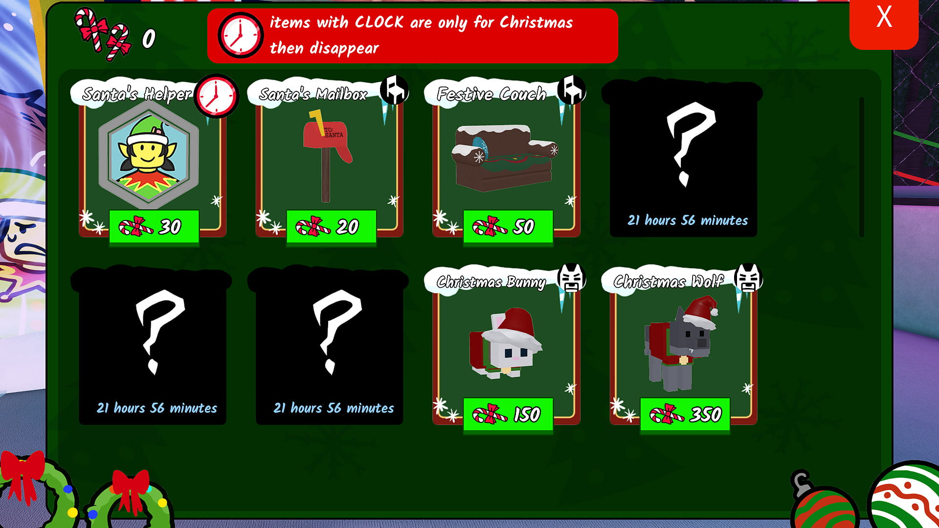 The 99 Nights in the Forest Christmas update candy cane shop, showing items like the Santa's Helper class and Christmas Wolf skin for sale.