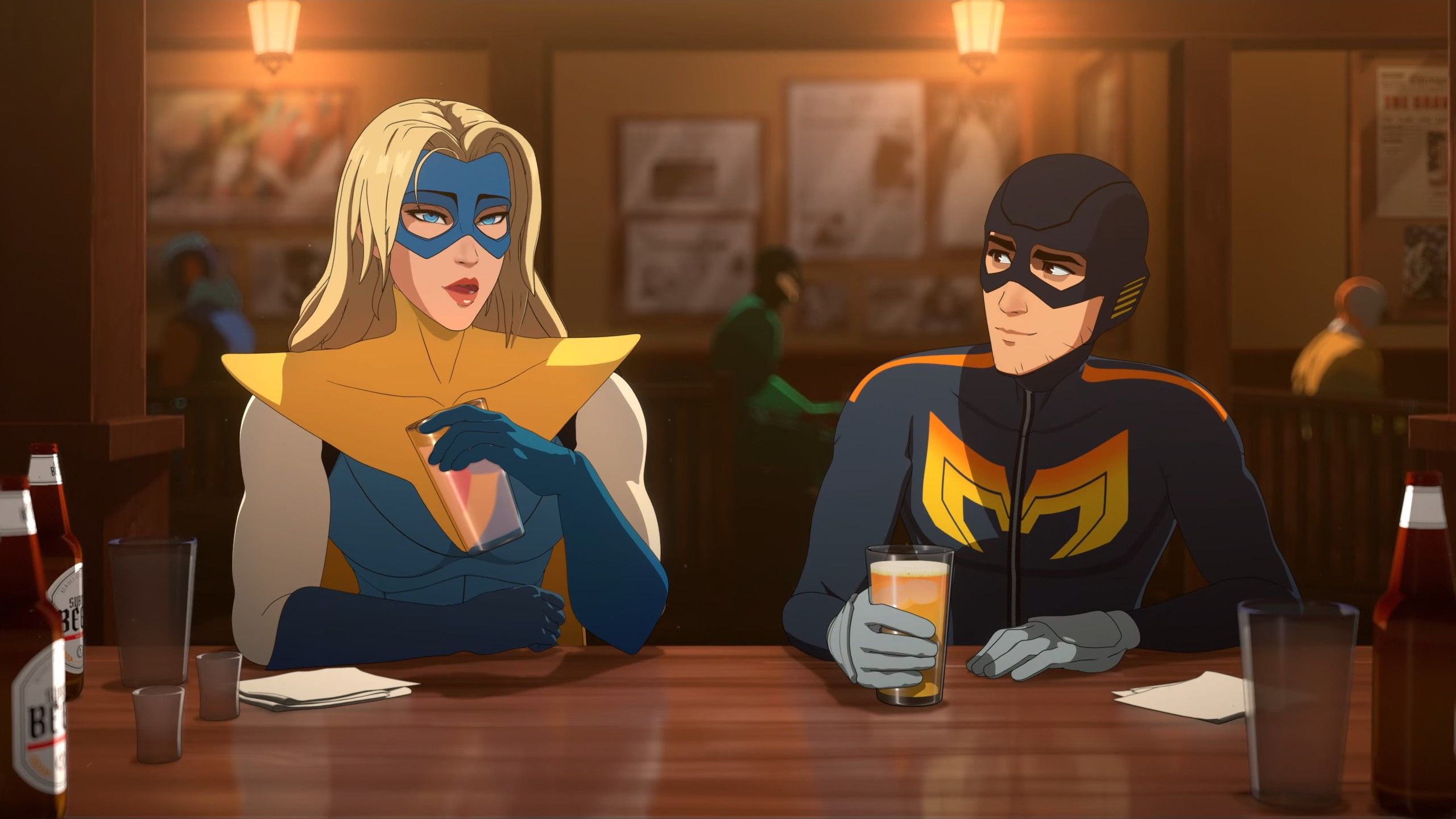 Two superheroes drink at a bar