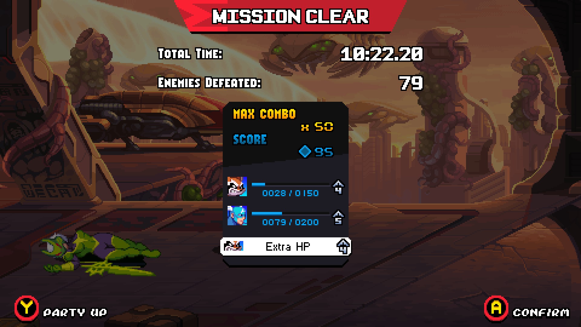 The mission clear screen in Marvel Cosmic Invasion.