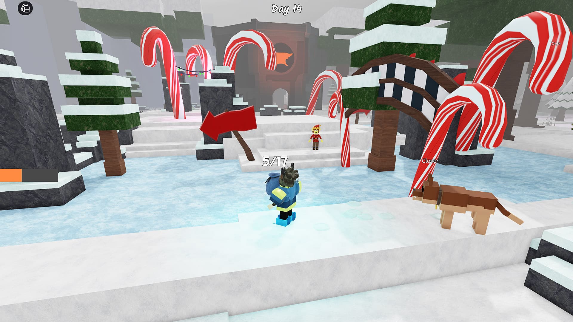 99 Nights in the Forest player wearing Ice Skates and looking at an elf on the frozen lake.