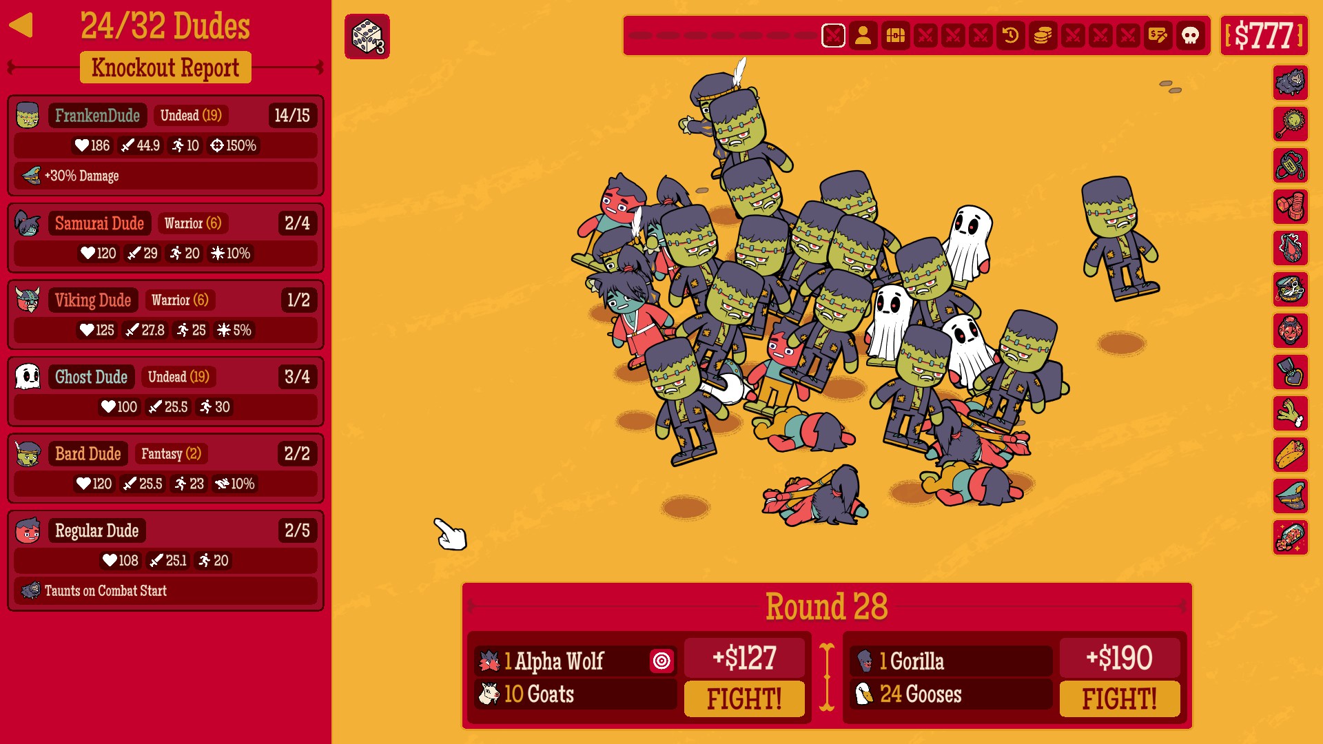 Several screenshots from How Many Dudes? by developer Butterscotch Shenanigans, demonstrating a variety of gameplay mechanics.