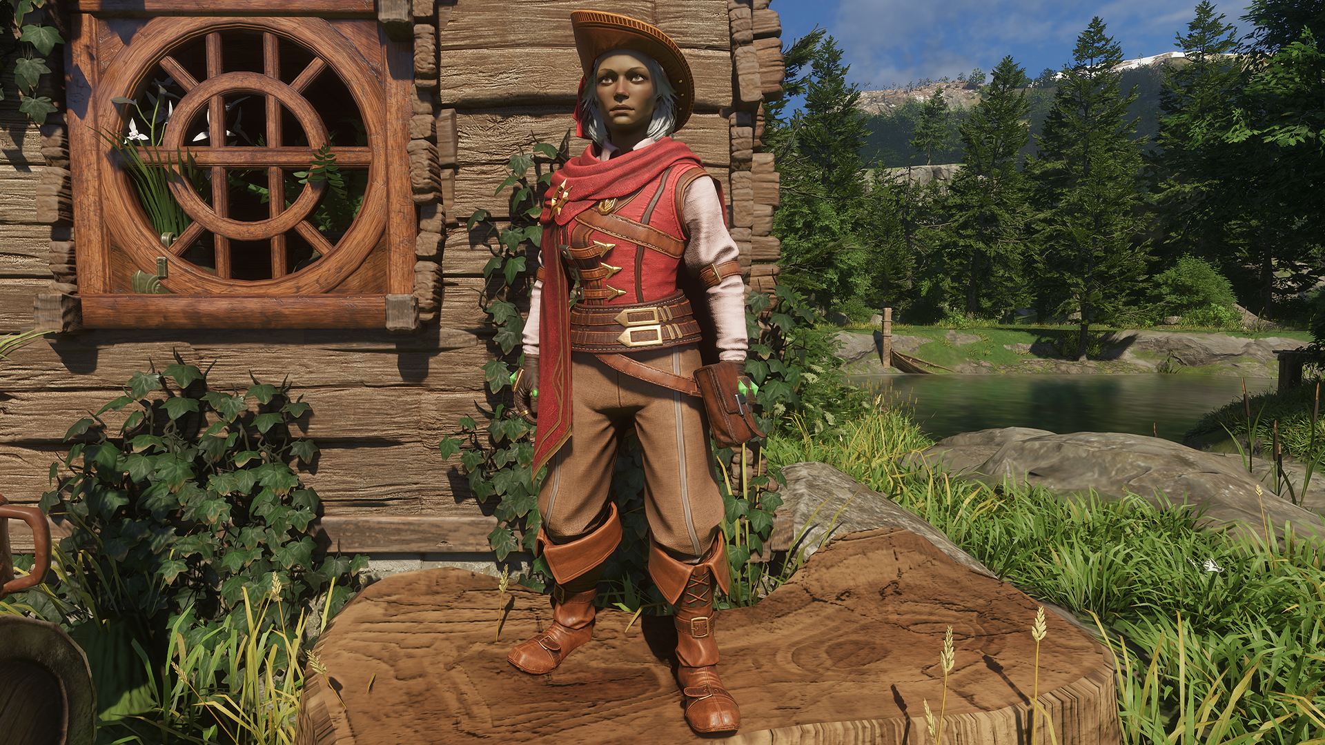 Enshrouded - Character standing outside wearing the red and brown Flame Pact set from Twitch Drops