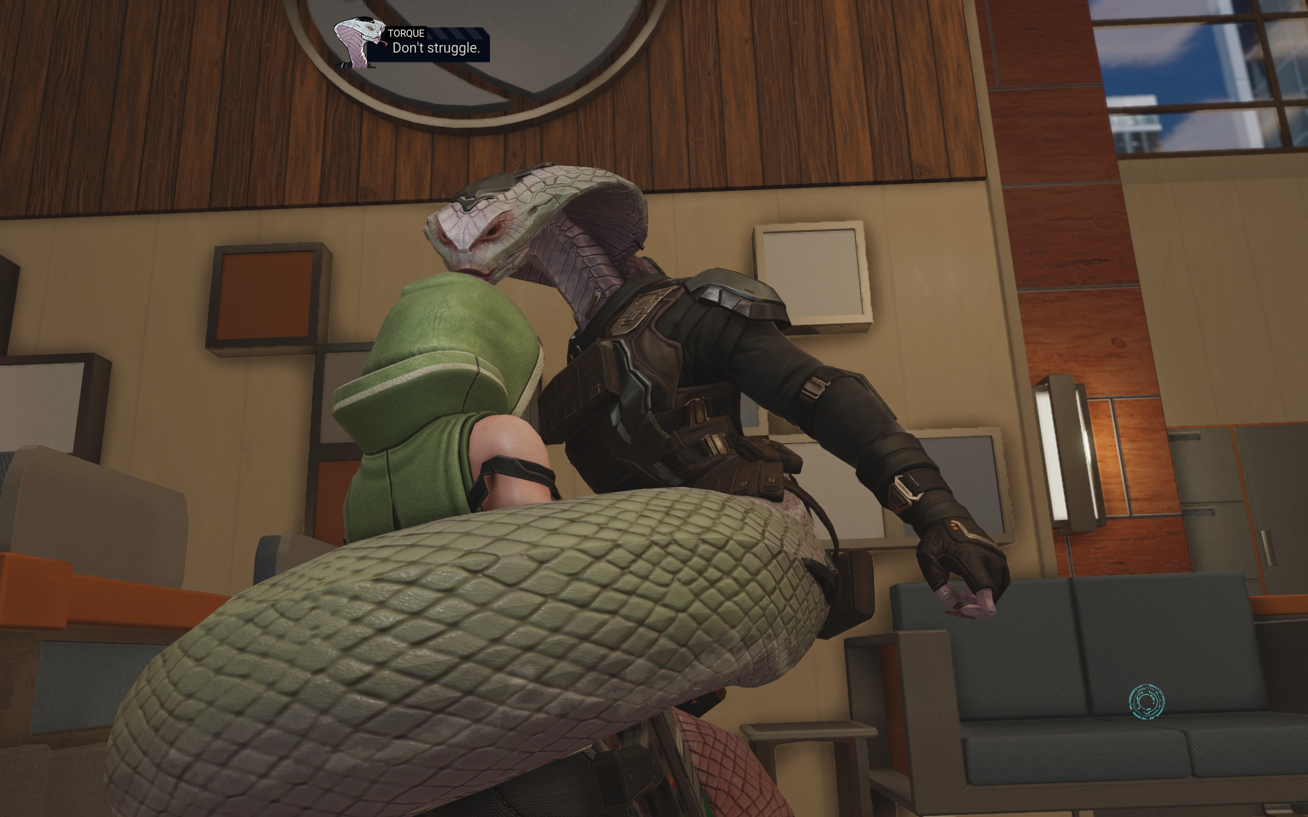 Torque, Chimera Squad's viper teammate, wraps her coils around an enemy and says, "Don't struggle."