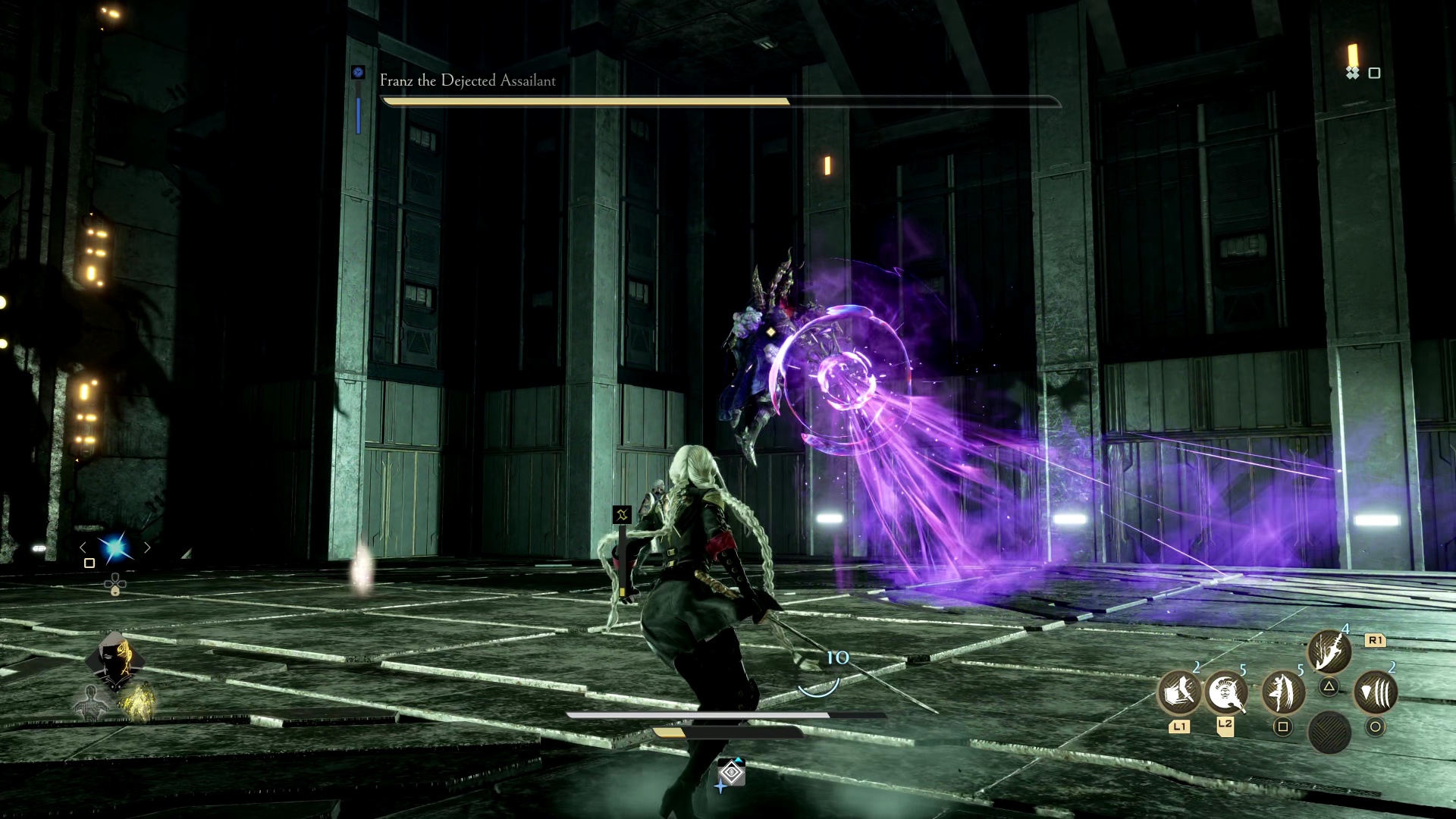 Code Vein 2 Franz Dejected Assailant boss guide: Franz leaping into the air with a purple glow.
