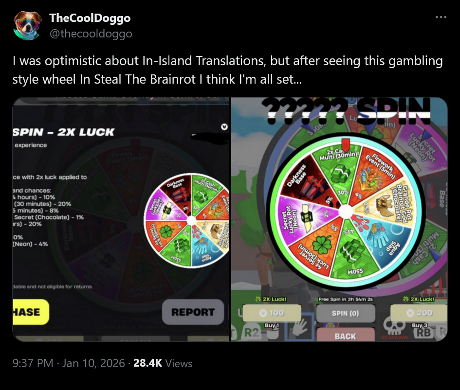 I was optimistic about in-island transactions, but after this this gambling style wheel in Steal the Brainrot I think I'm all set...