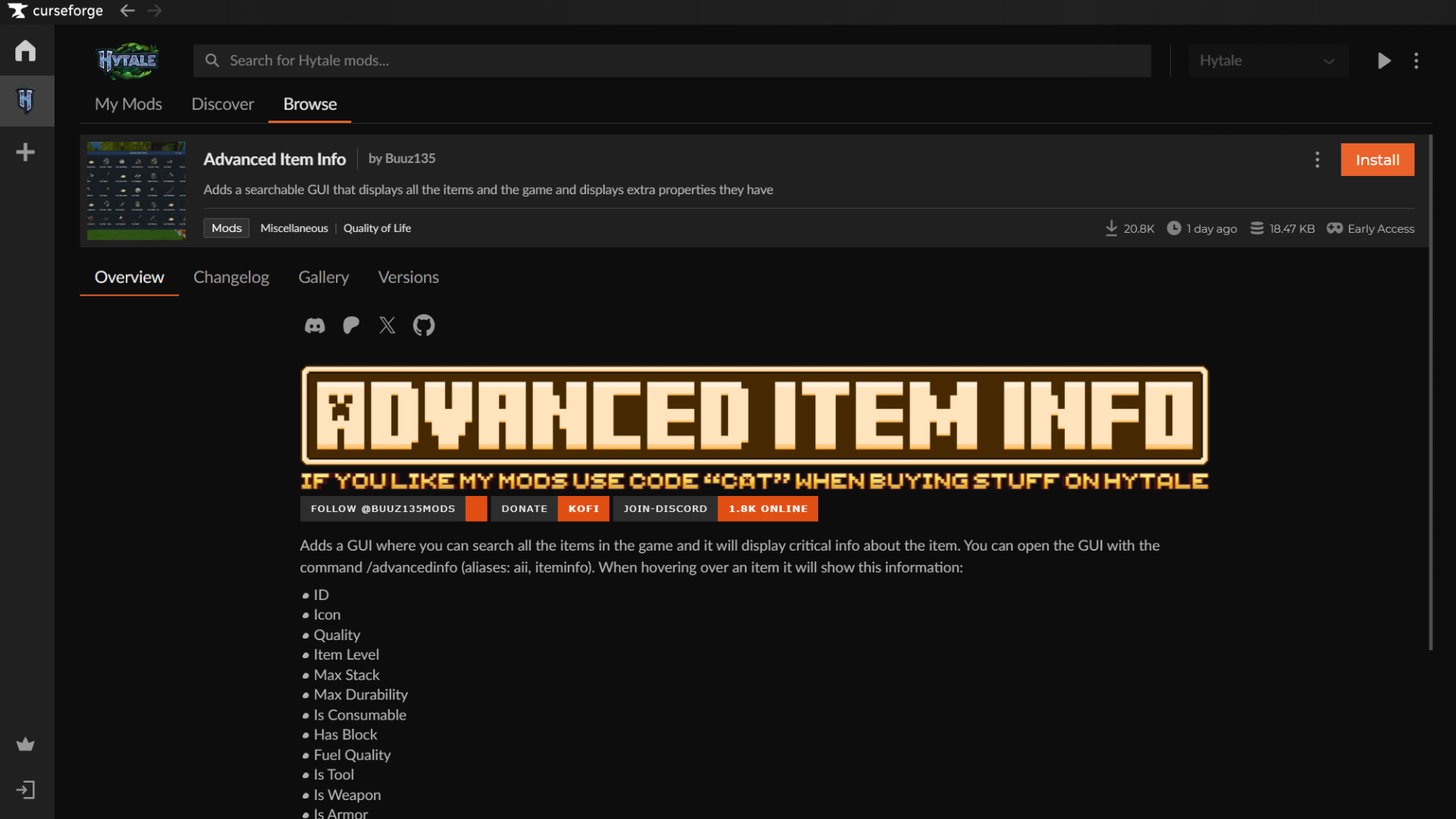 Best Hytale mods: An example of a mod page on CurseForge, Advanced Item Info, showing how to download them.