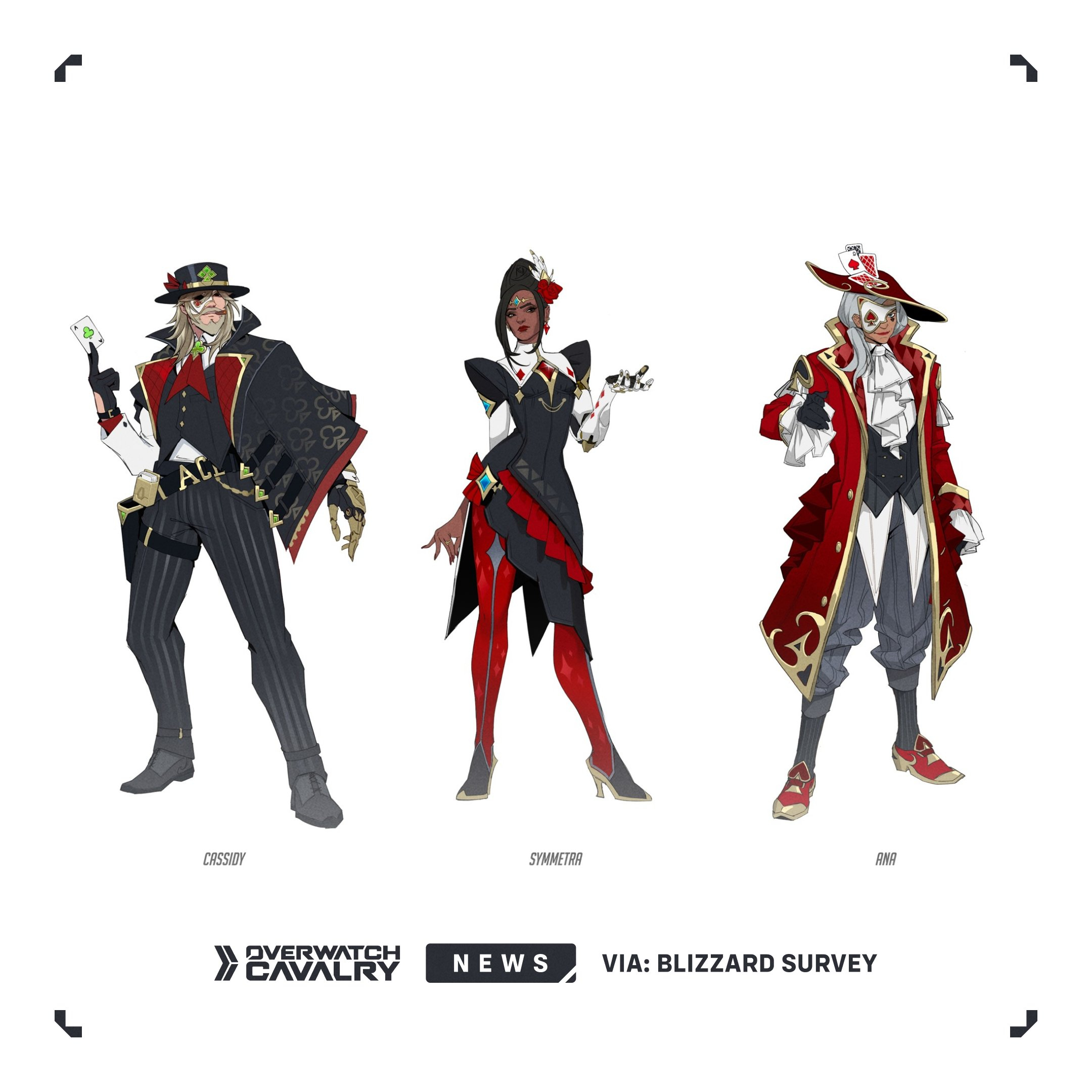 Overwatch survey skins: The Royal Flush concept theme, showing sketches of various potential skins.