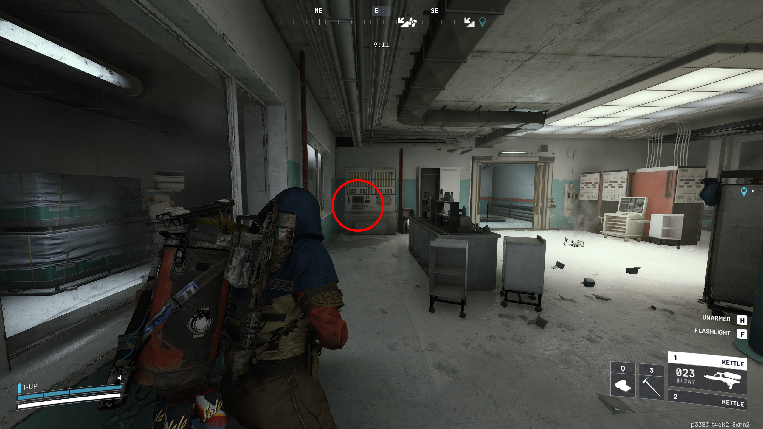 Arc Raiders On Deaf Ears: A player looking at a computer in the Medical Research lab on Stella Montis, which is marked with a red circle.
