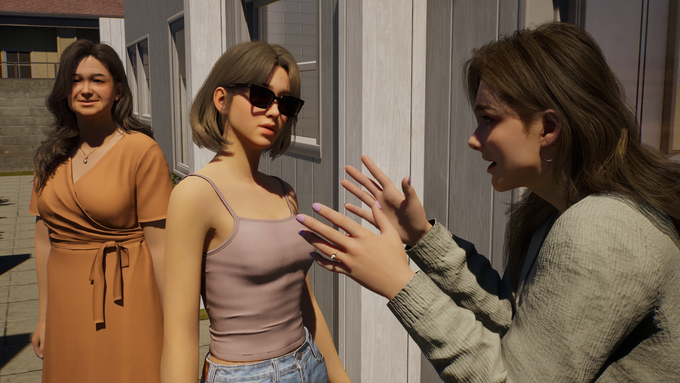 Inzoi - Three Zois stand together talking outside a house