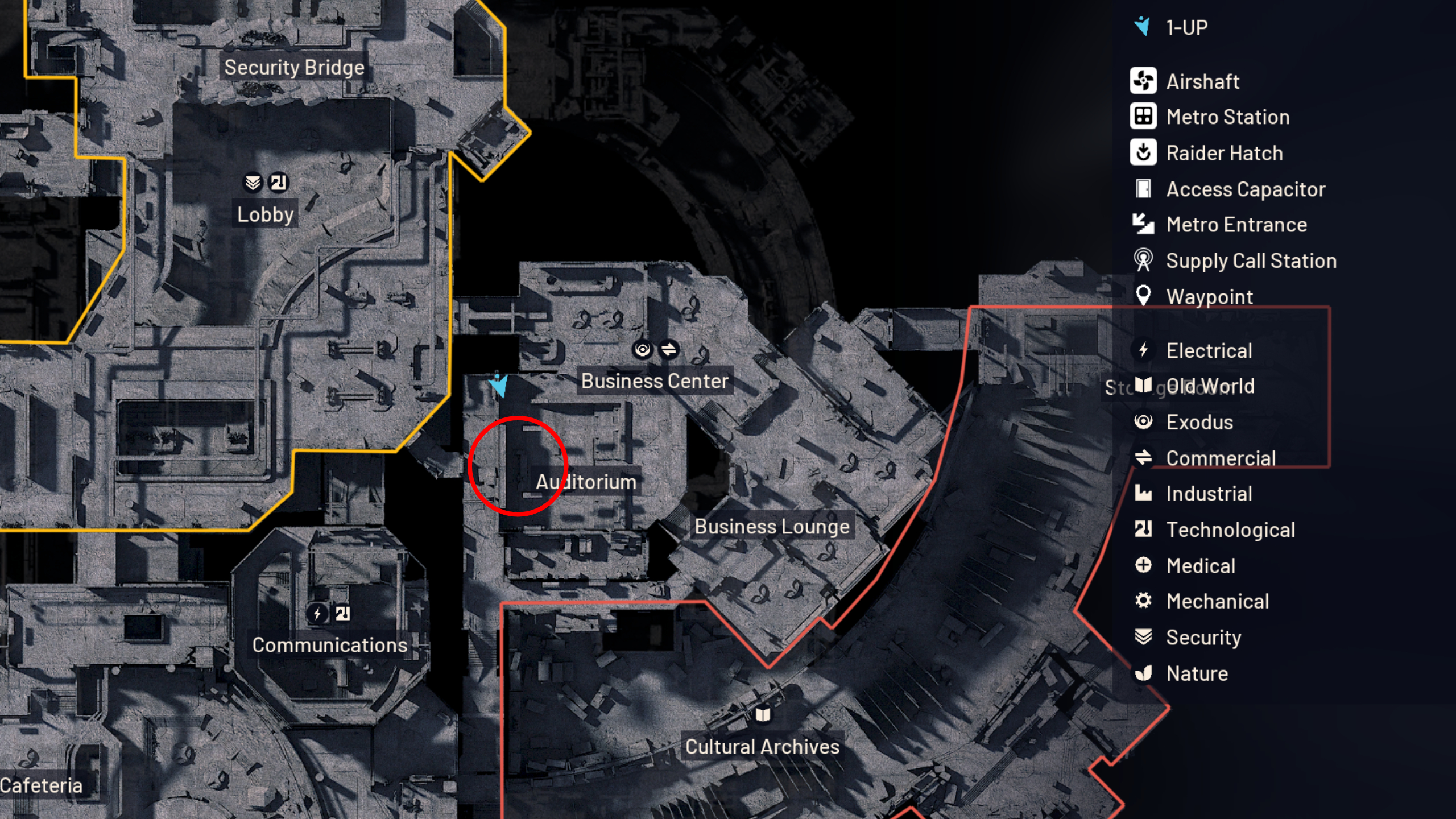 Arc Raiders On Deaf Ears: A map with a red circle highlighting the Auditorium region of Stella Montis, which contains the researcher's notes.