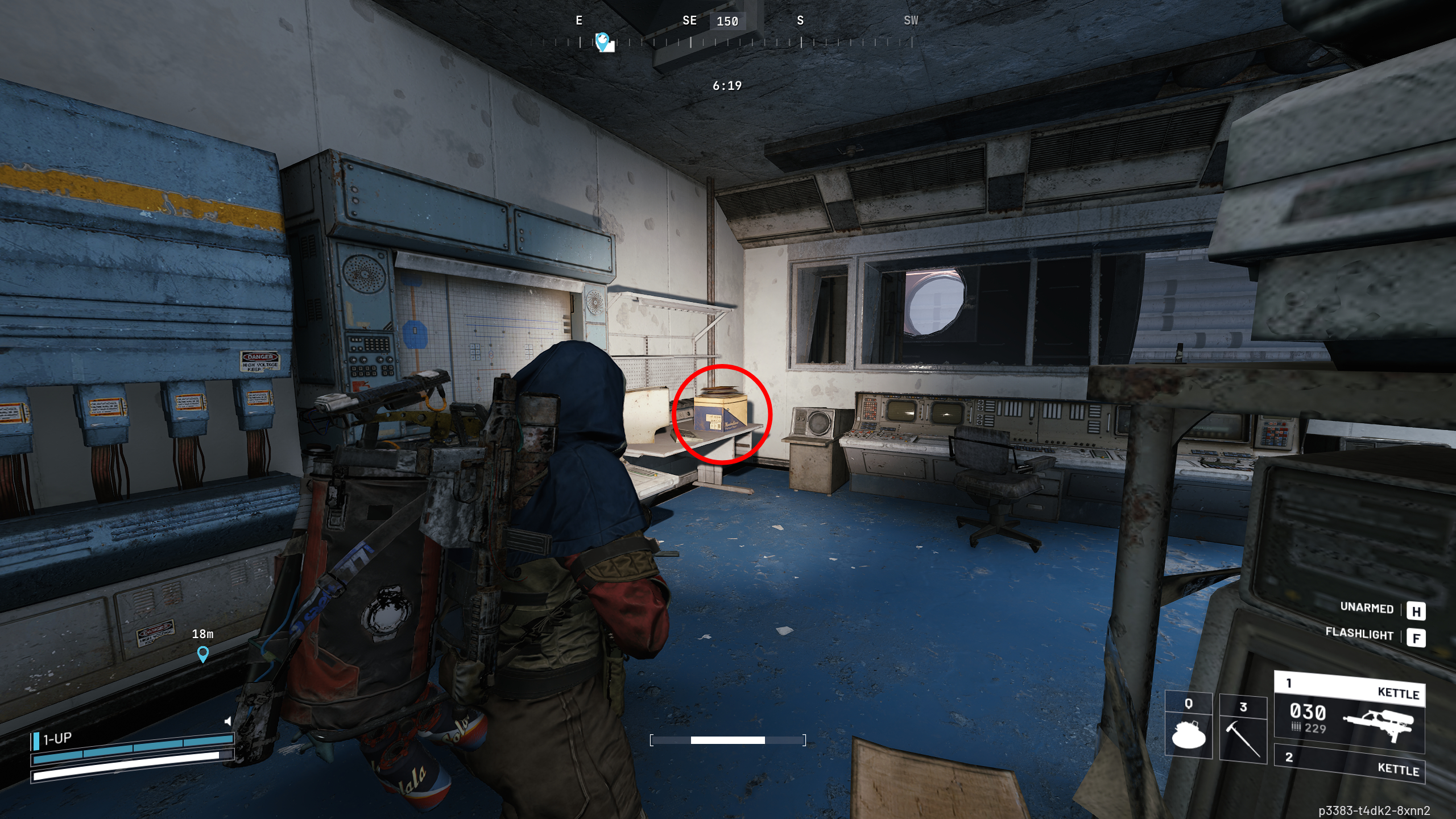 Arc Raiders On Deaf Ears: A player looking at a cluttered desk inside an office in the Assembly Workshops area of Stella Montis, using a torch to light it up. There's a red circle highlighting a cardboard box.