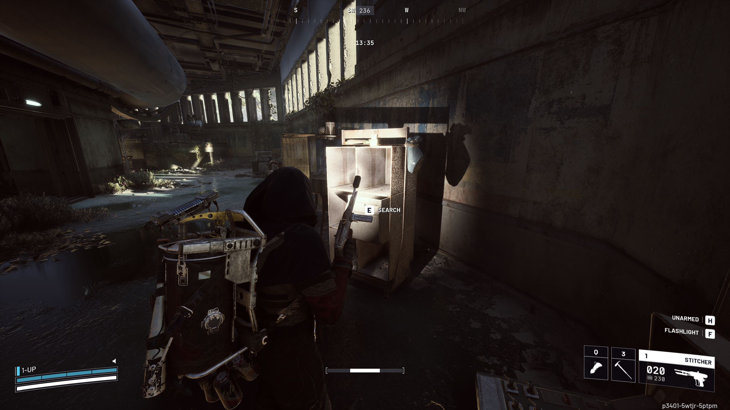 Arc Raiders Expired Respirators: A player looking at a filing cabinet container in a dark room using a flashlight.