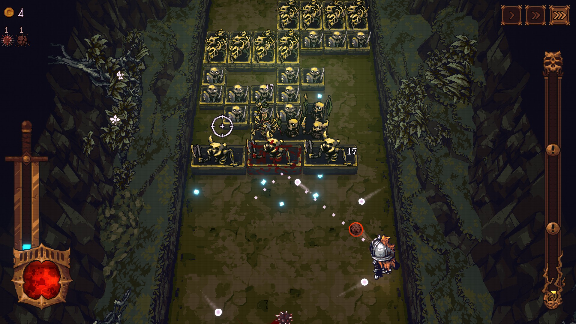 A character from Ball X Pit fires balls at a horde of skeletons.