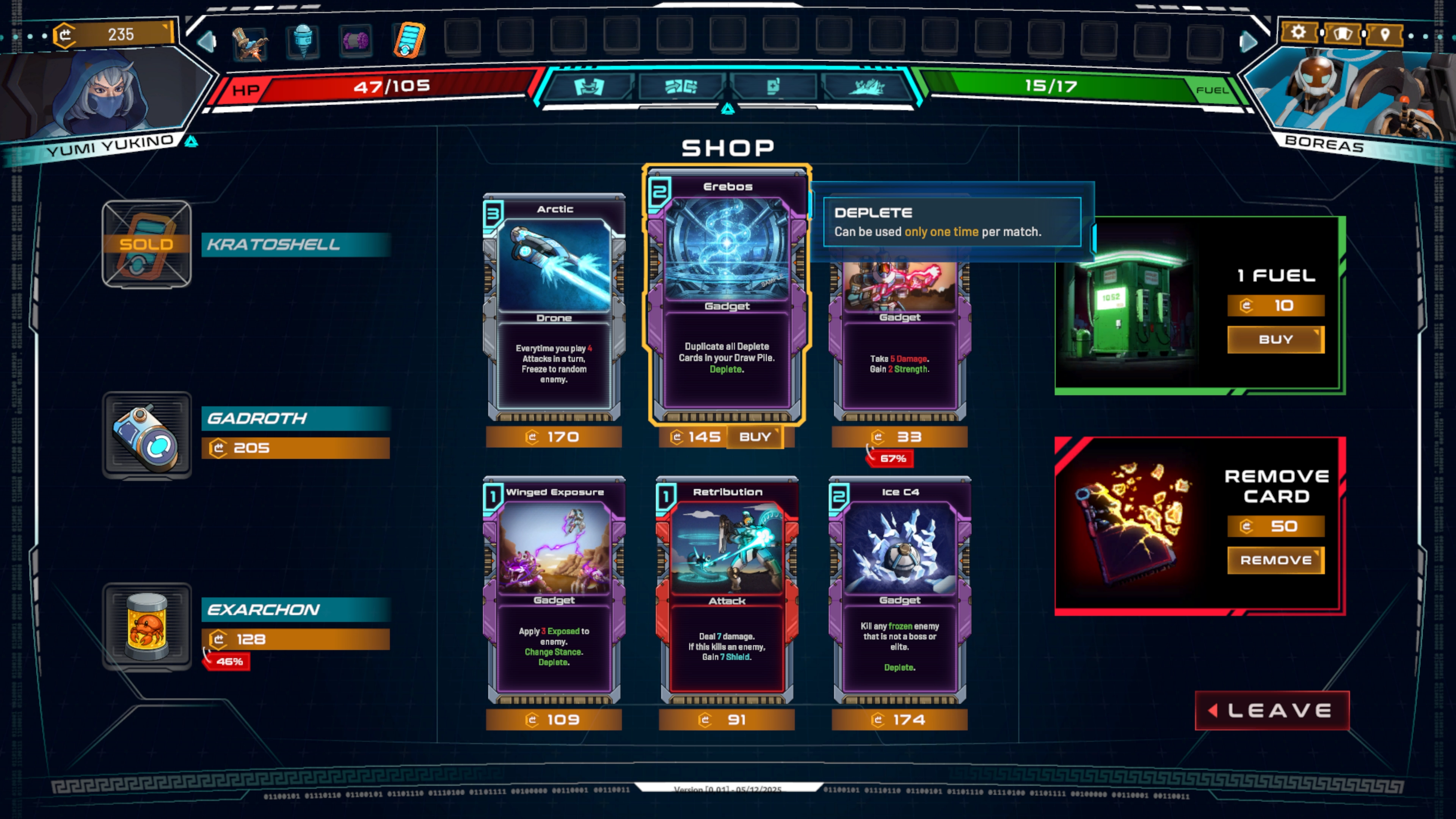 The shop screen with several cards for sale in Mechborn.