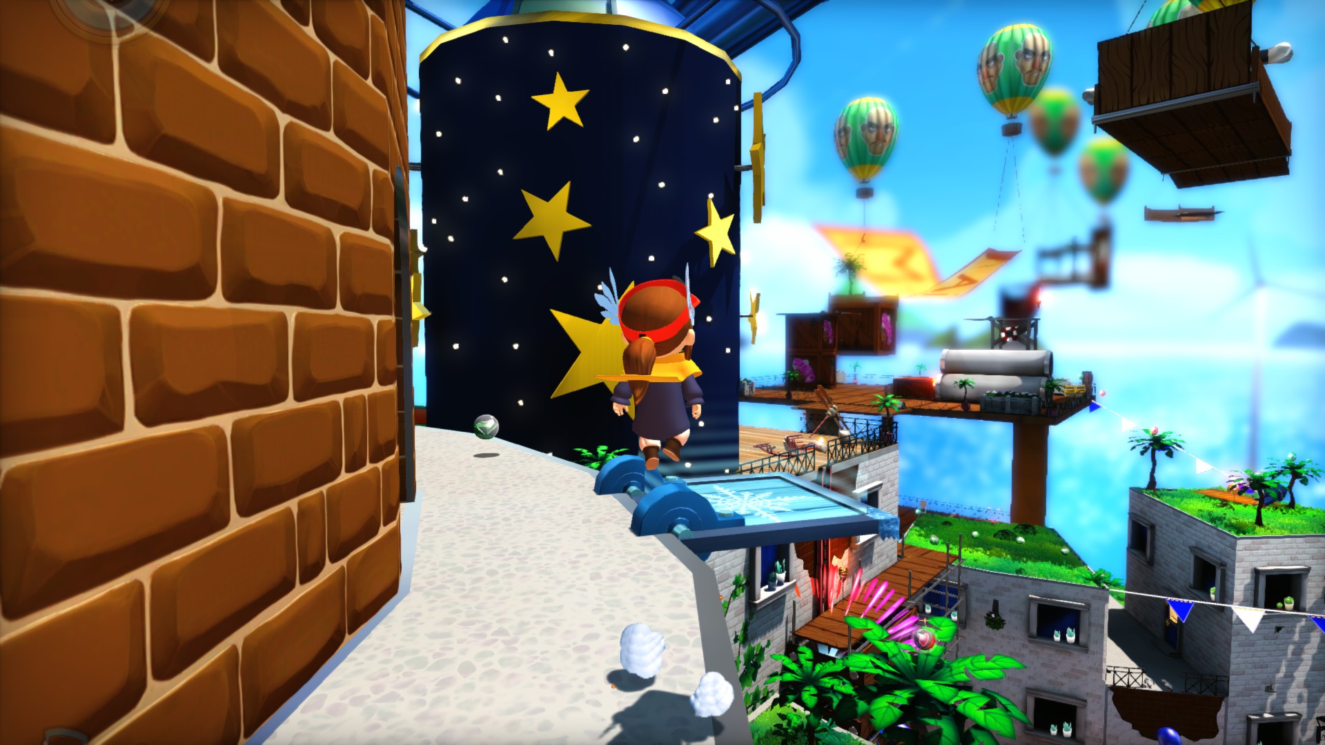 A woman with hat and pony tail looks out over a 3D platformer stage