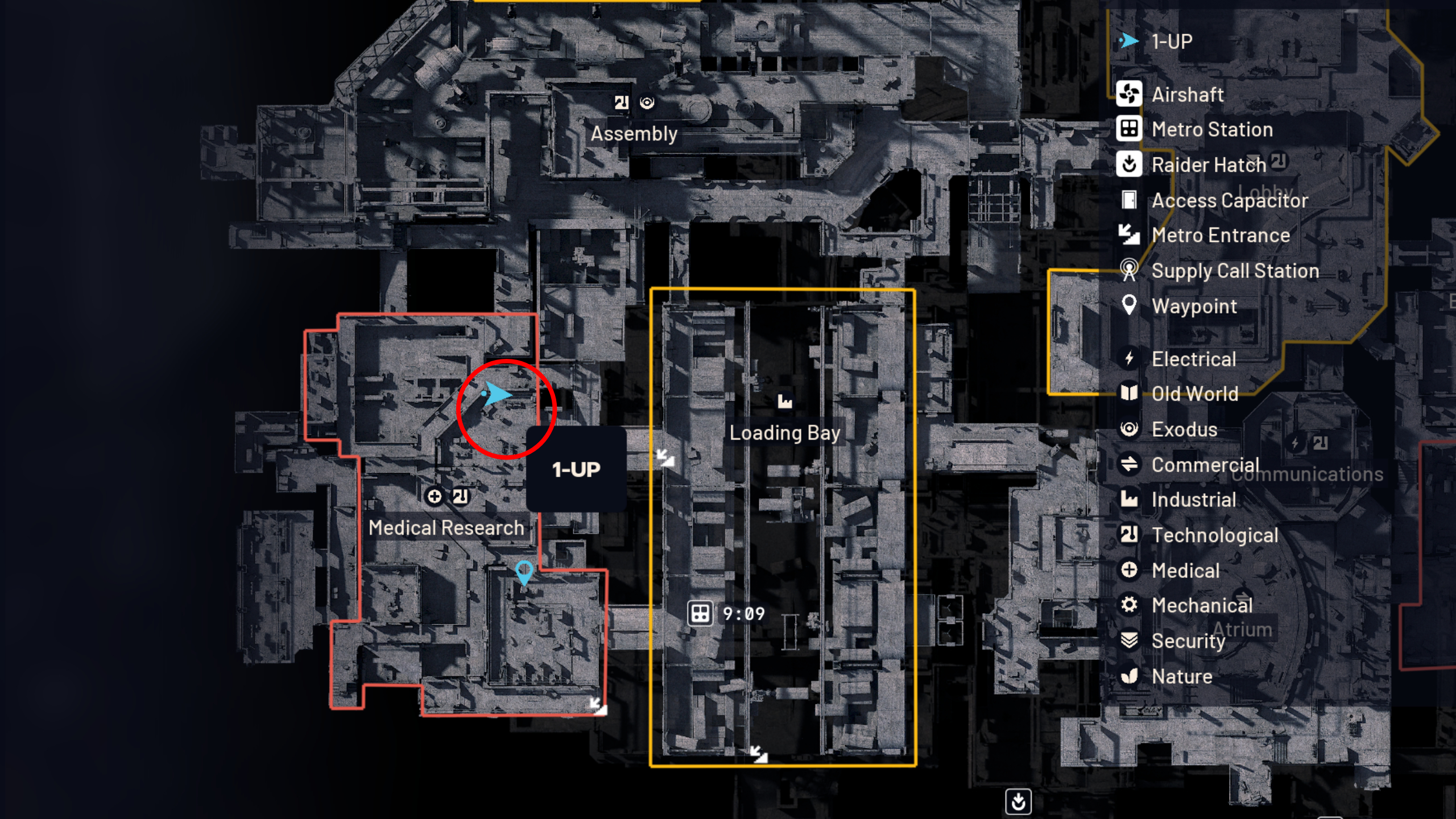Arc Raiders On Deaf Ears: A map with a red circle highlighting the Medical Research area of Stella Montis, where you'll find information on the prototypes.