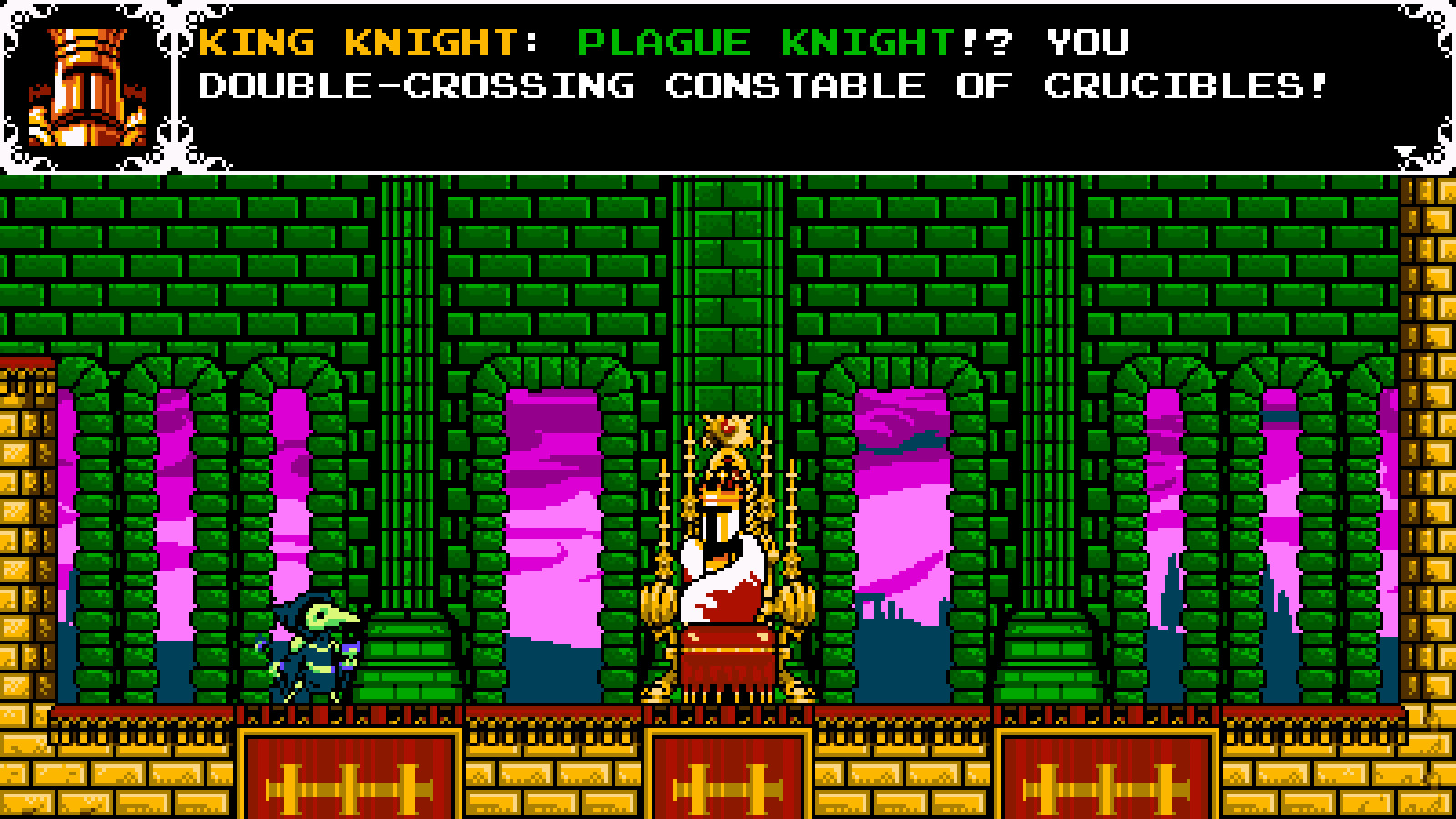 Shovel Knight's Plague Knight and King Knight have a chat