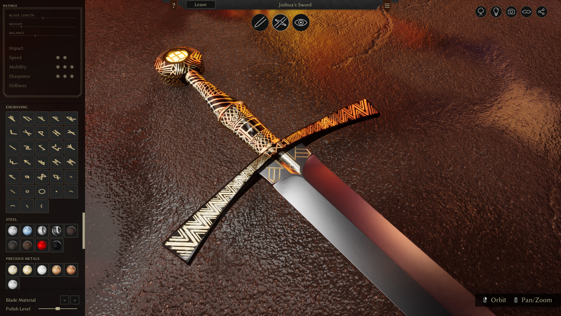 An intricately-engraved broadsword hilt in Bladesong.