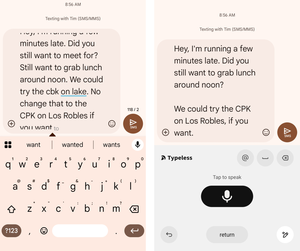 Android voice typing: Gboard vs. Typeless (2)